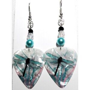 Dragonfly on Guitar Pick Beaded Earrings - Handmade in USA New